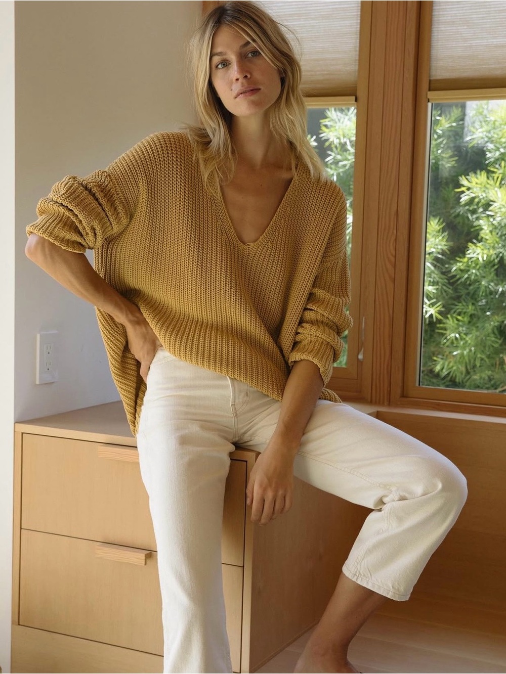 Jenni Kayne V-Neck Cotton Cabin Knit Sweater Mustard Yellow Size M
